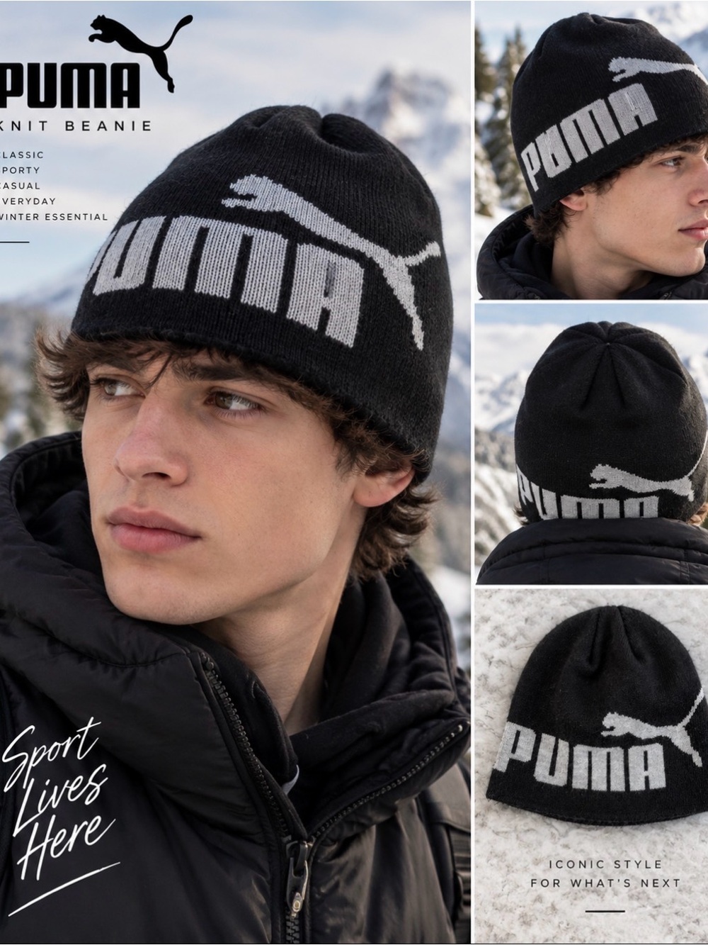 PUMA Black Gray Big Logo Knit Beanie Winter Hat Unisex